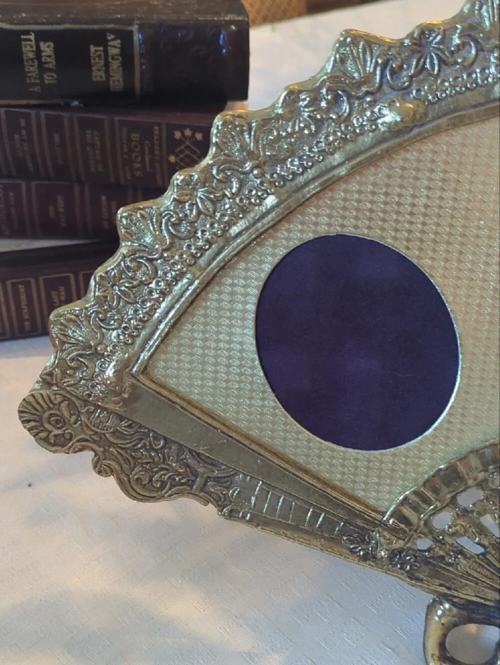 Vintage Solid Brass Fan Picture Frame | Ornate Victorian Vanity Decor | 3 Photo